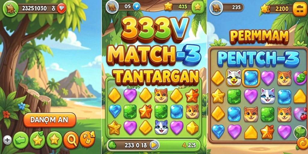 Screenshot gameplay seru 333V dengan tantangan Match-3.